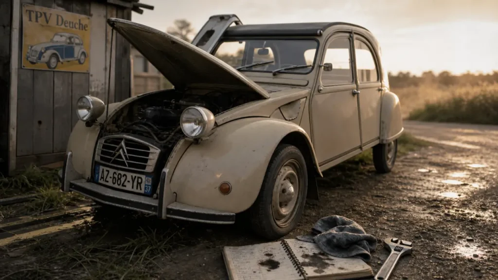 Citroën 2cv deuche beige : moteur capot entreouvert, photo documentaire