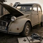 Citroën 2cv deuche beige : moteur capot entreouvert, photo documentaire