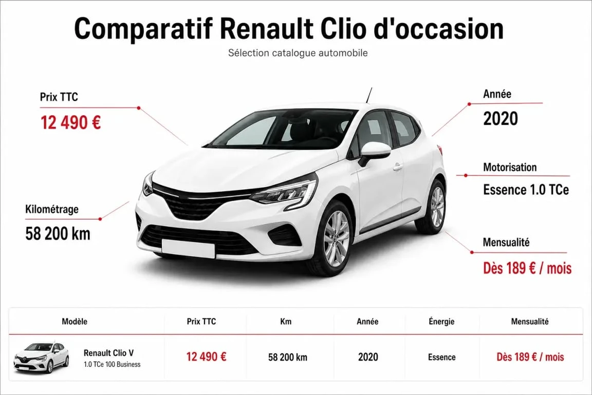 Comparatif visuel pour occasion clio avec prix, kilométrage et mensualité