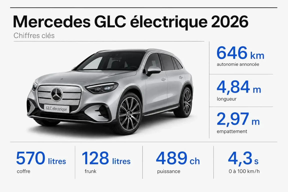 Mercedes GLC électrique 2026 en infographie avec autonomie, dimensions, coffre et performances