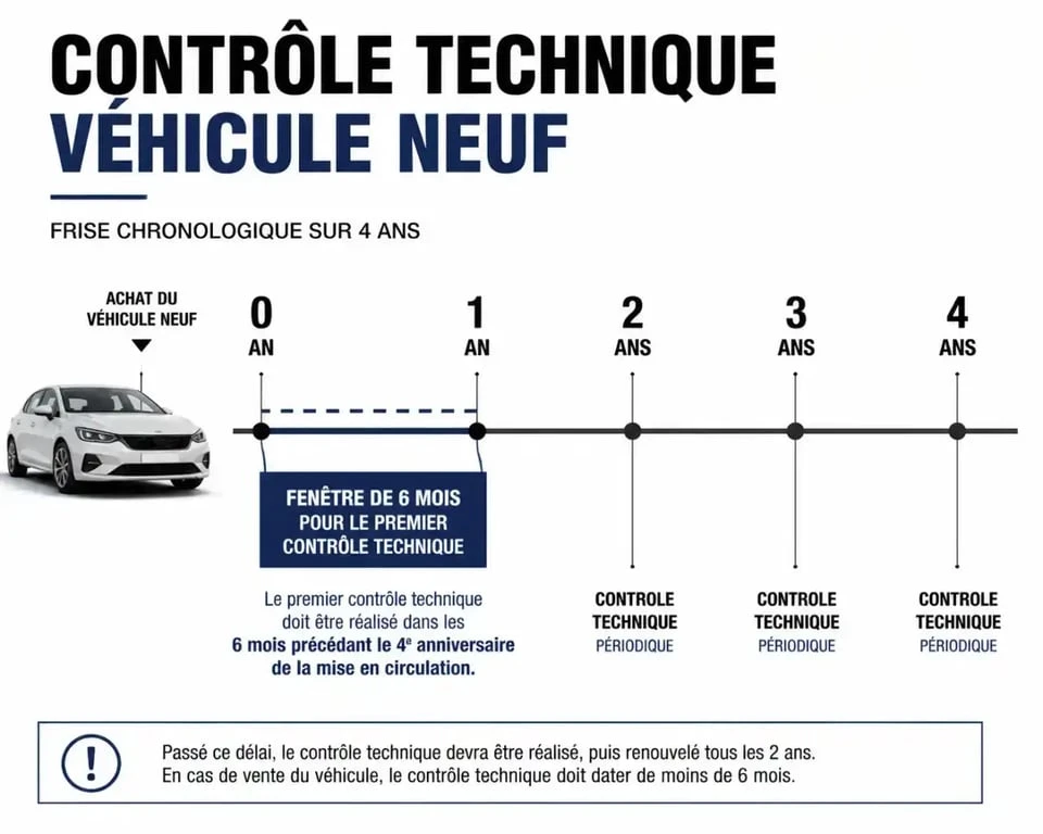 Frise chronologique du premier contrôle technique véhicule neuf