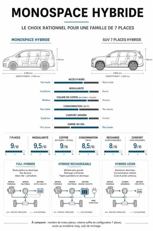 Infographie sur le monospace hybride comparant monospace et SUV 7 places, avec types d’hybridation et critères familiaux