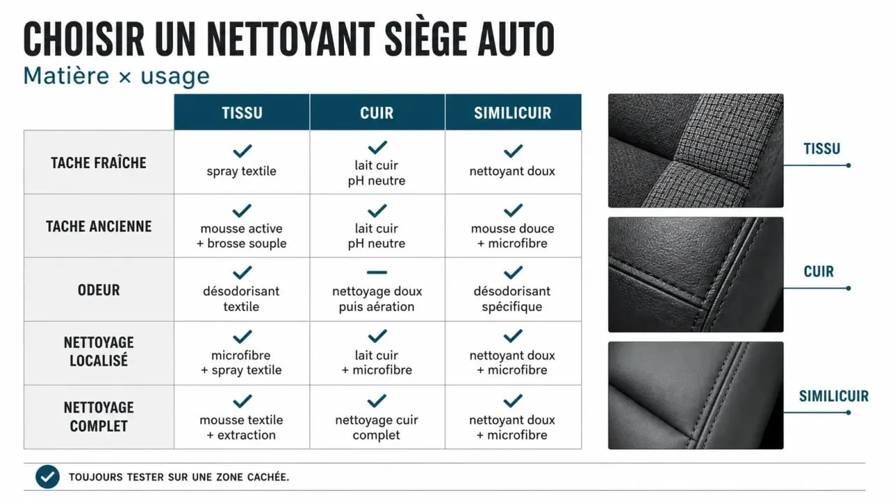 Produit nettoyage siege voiture : comparatif visuel entre tissu, cuir, mousse et spray pour bien choisir