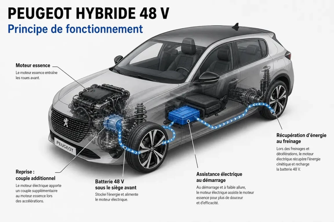 Hybride Peugeot : schéma du fonctionnement 48V sans branchement