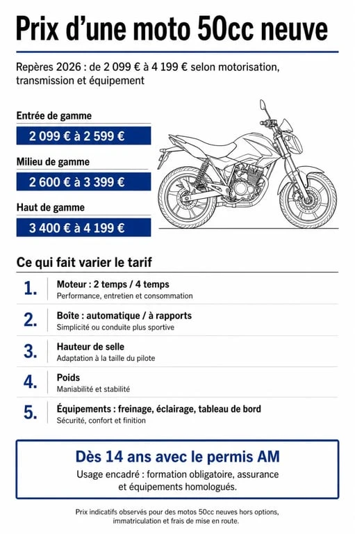 Infographie sur le prix d’une moto 50cc neuve avec paliers de prix, critères de choix et repères permis AM