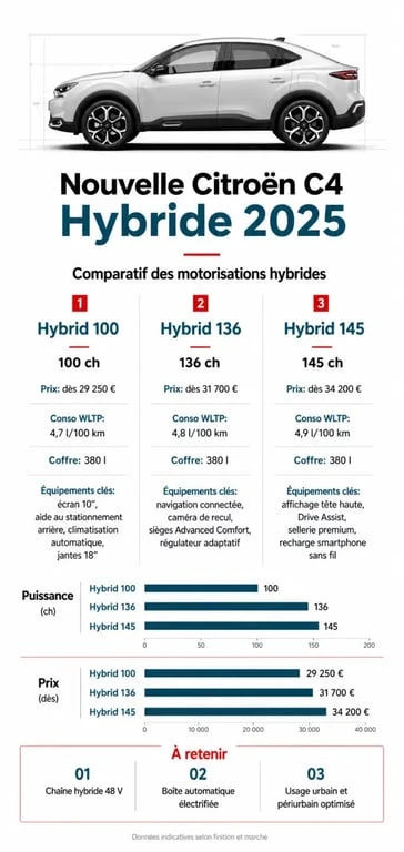 Nouvelle C4 hybride 2025 : infographie des versions, prix et équipements