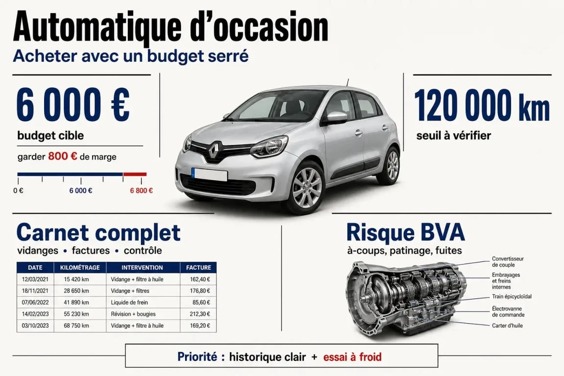Voiture automatique occasion 3000 euros : visuel comparatif des modèles accessibles et des points de contrôle