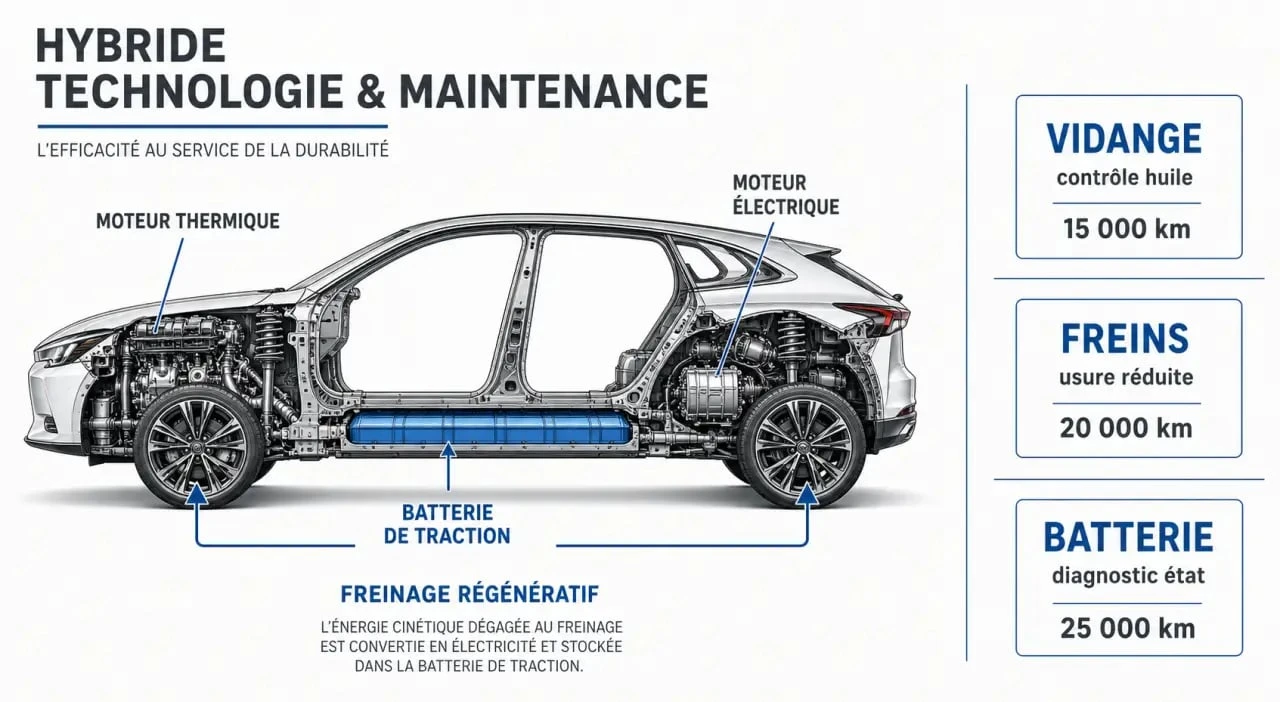 Entretien voiture hybride avec schéma du freinage régénératif et des points de contrôle essentiels