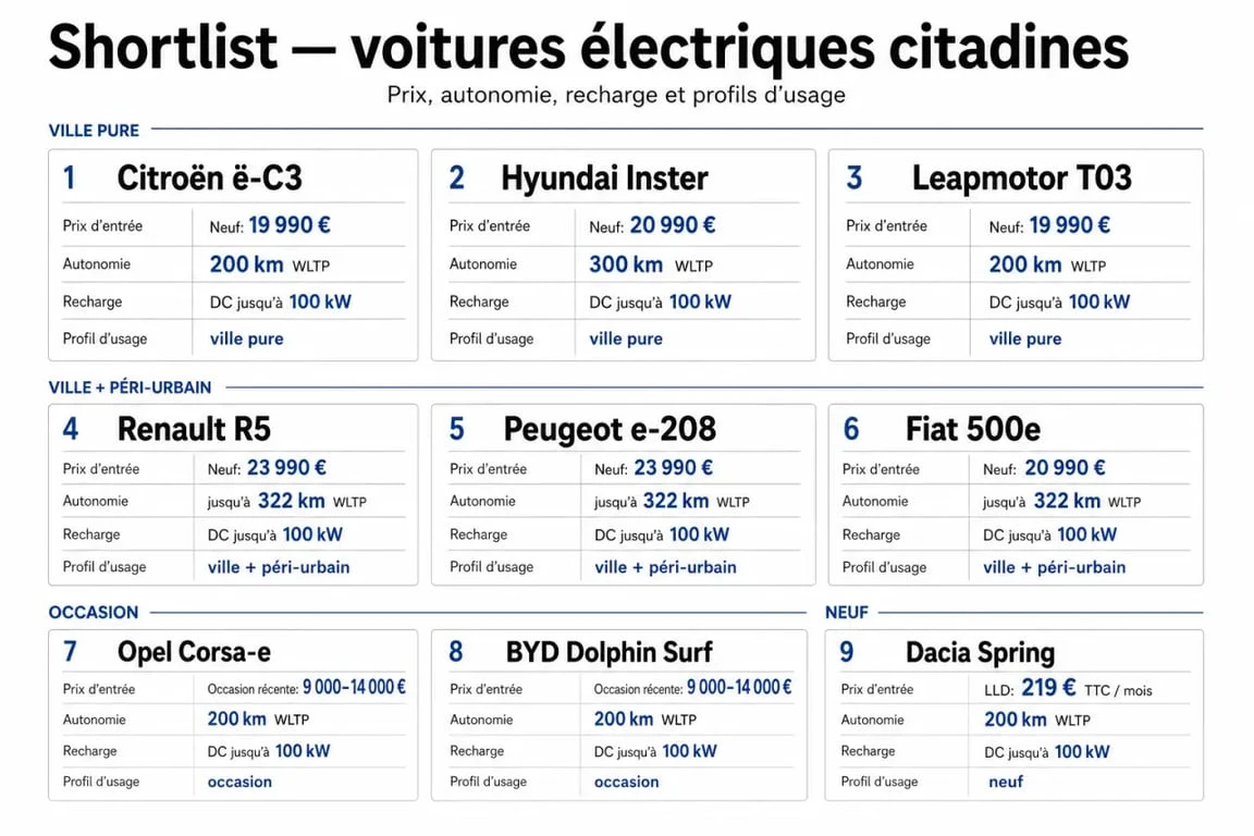 Comparatif de voiture électrique citadine avec prix, autonomie WLTP et recharge des principaux modèles