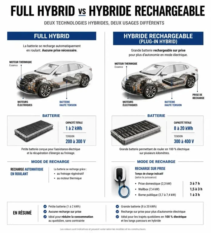Infographie comparative des technologies de voiture occasion hybride : Full Hybrid vs Hybride Rechargeable