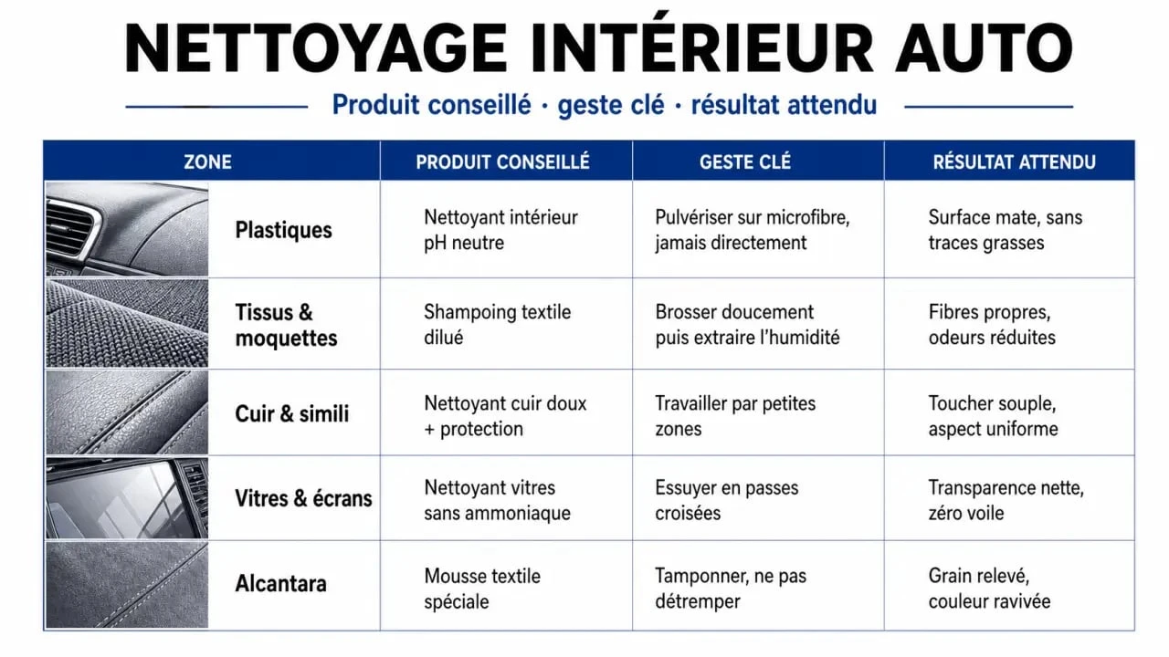 Infographie sur le nettoyage voiture interieur produit par surface et par usage