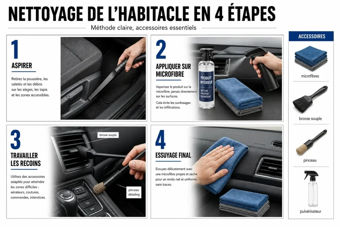Étapes pratiques du nettoyage voiture interieur produit avec microfibre, brosse et pulvérisateur