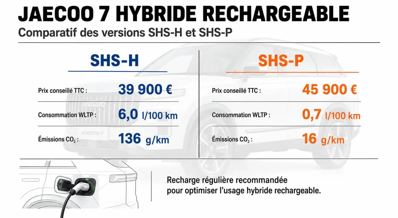 Comparatif JAECOO 7 hybride rechargeable SHS-H et SHS-P avec prix et consommations WLTP