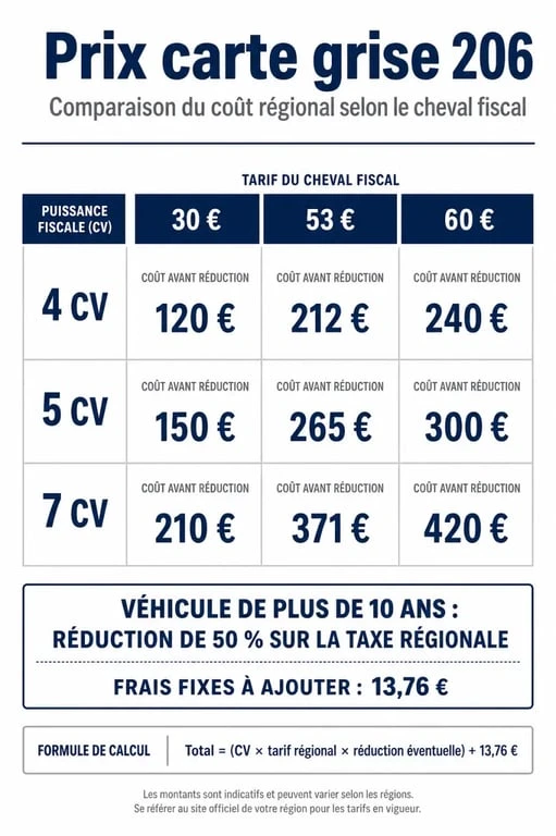 Prix carte grise 206 : visuel éditorial sur le calcul régional et la réduction de 50 %