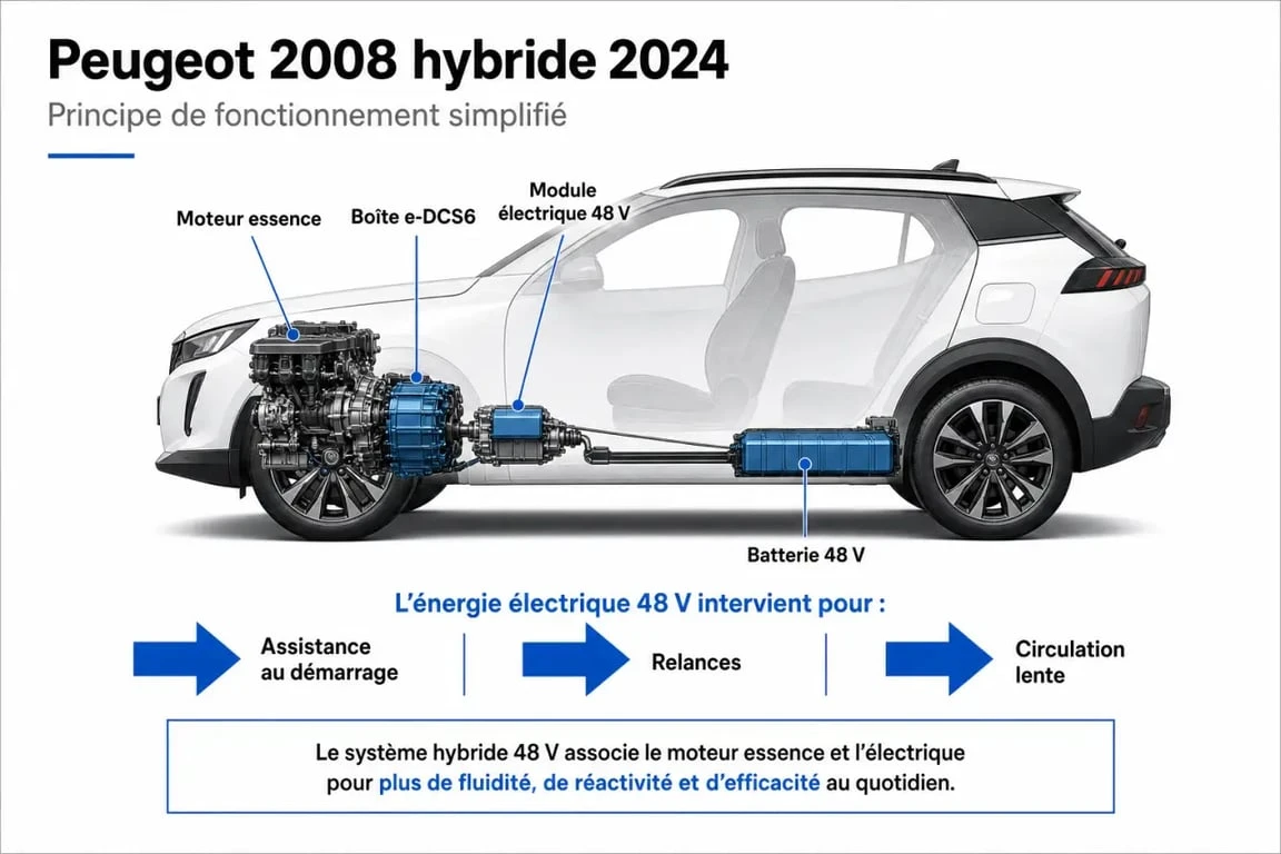 Schéma du Peugeot 2008 hybride 2024 montrant l’assistance électrique en ville