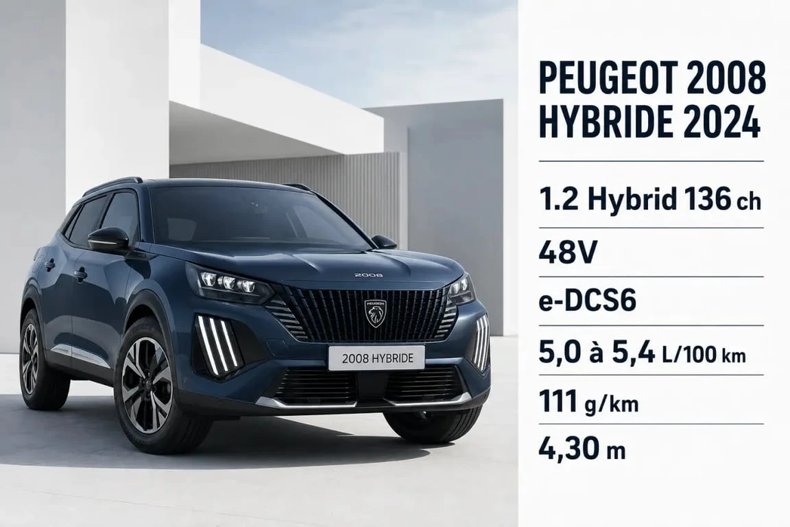 Infographie du Peugeot 2008 hybride 2024 avec ses chiffres clés et sa motorisation 48V