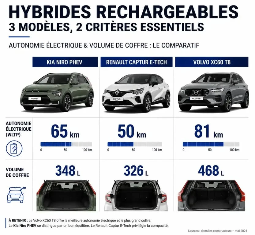 Comparatif des meilleures voitures hybrides rechargeables d'occasion : Kia Niro, Renault Captur et Volvo XC60