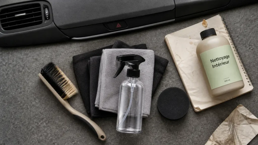 Nettoyage voiture interieur produit : microfibres, brosse et spray pour l’habitacle