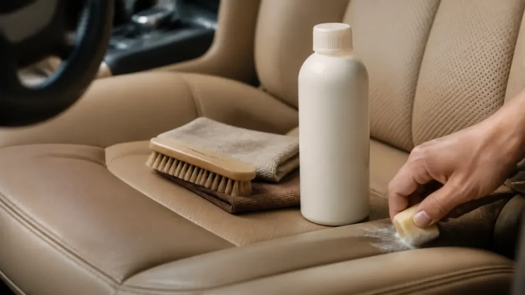 Nettoyant cuir voiture sur cuir clair perforé, brosse et microfibre