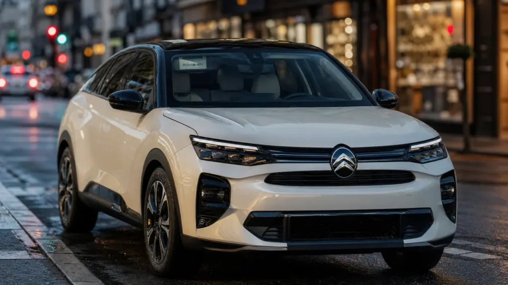 Nouvelle c4 hybride 2025, photo lifestyle urbaine 3/4 avant