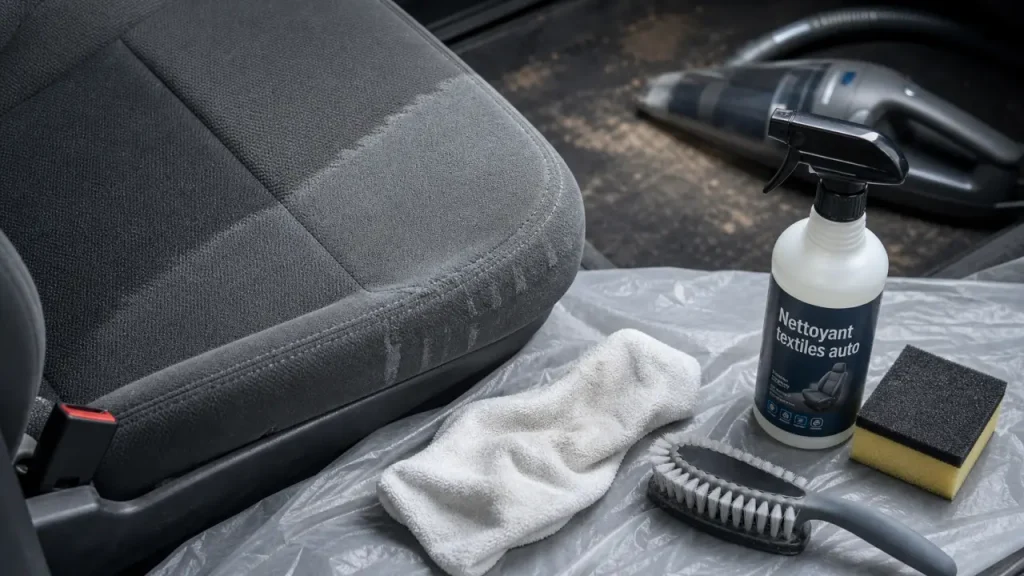 Produit nettoyage siege voiture : mousse, spray et détachant sur siège auto en tissu