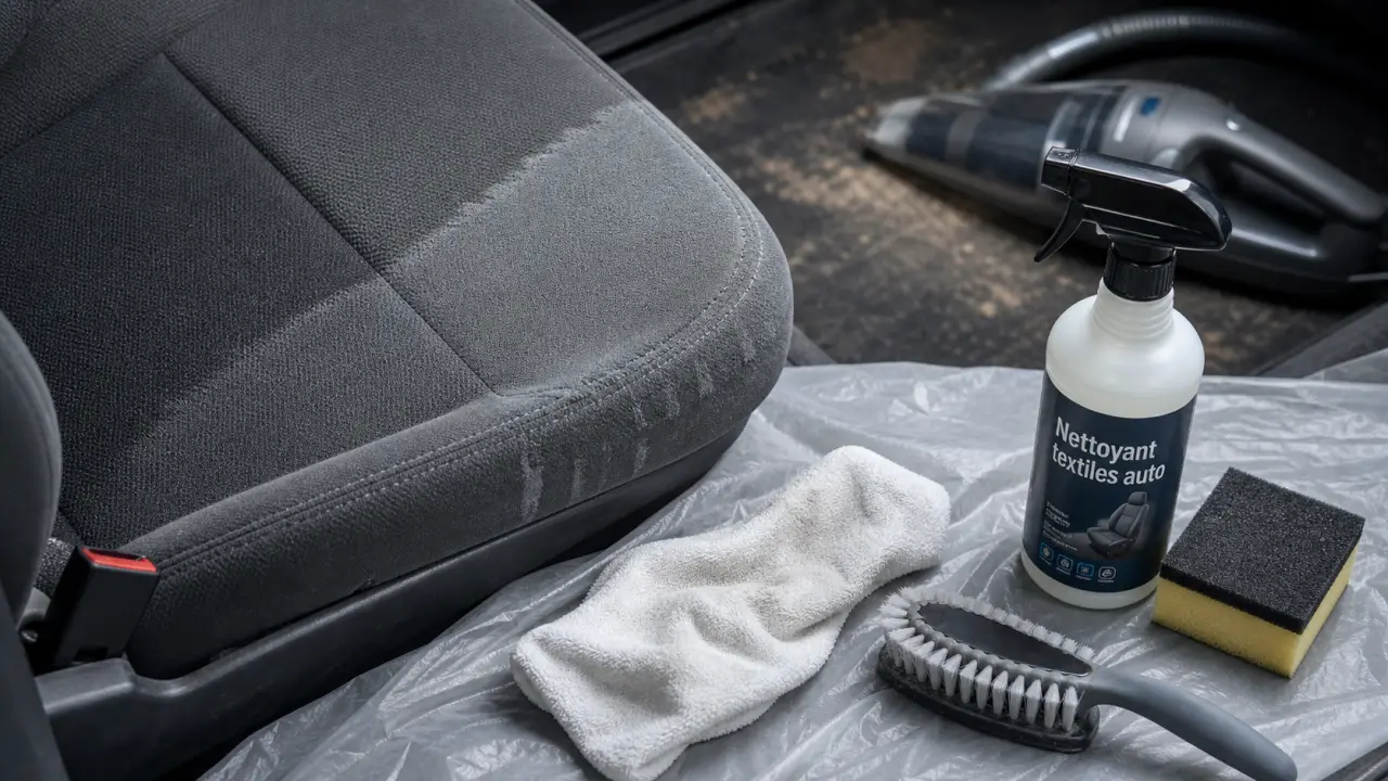 Produit nettoyage siege voiture : mousse, spray et détachant sur siège auto en tissu