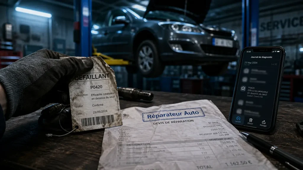 Réparateur auto : devis lisible et diagnostic clair sur établi de garage