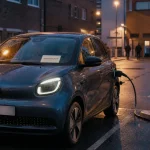 Voiture électrique citadine 322 km WLTP près d’une borne de recharge