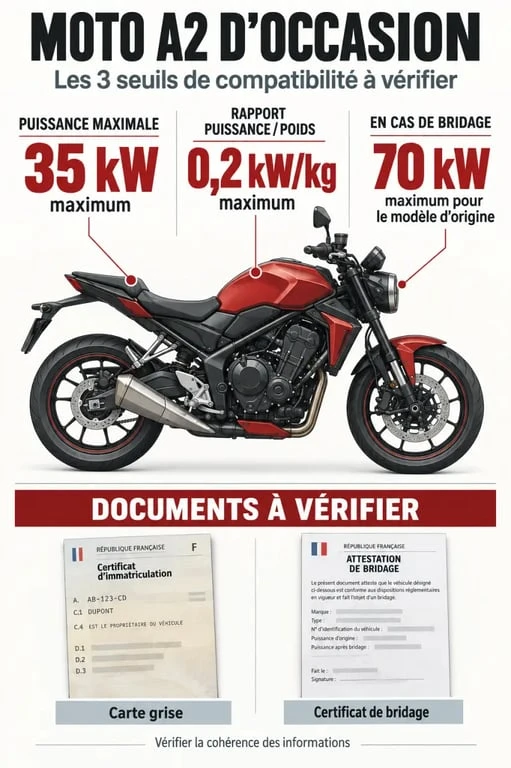Infographie sur la compatibilité d’une moto A2 d’occasion et les seuils de puissance à vérifier
