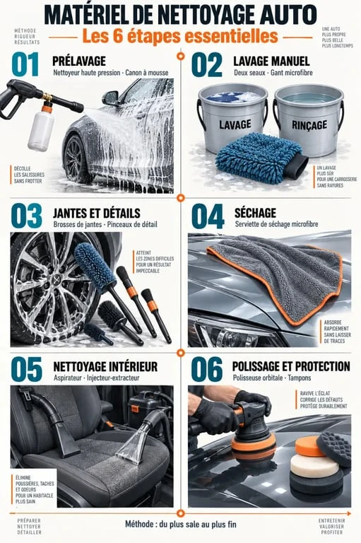 Infographie du matériel de nettoyage voiture par étape, du prélavage au polissage