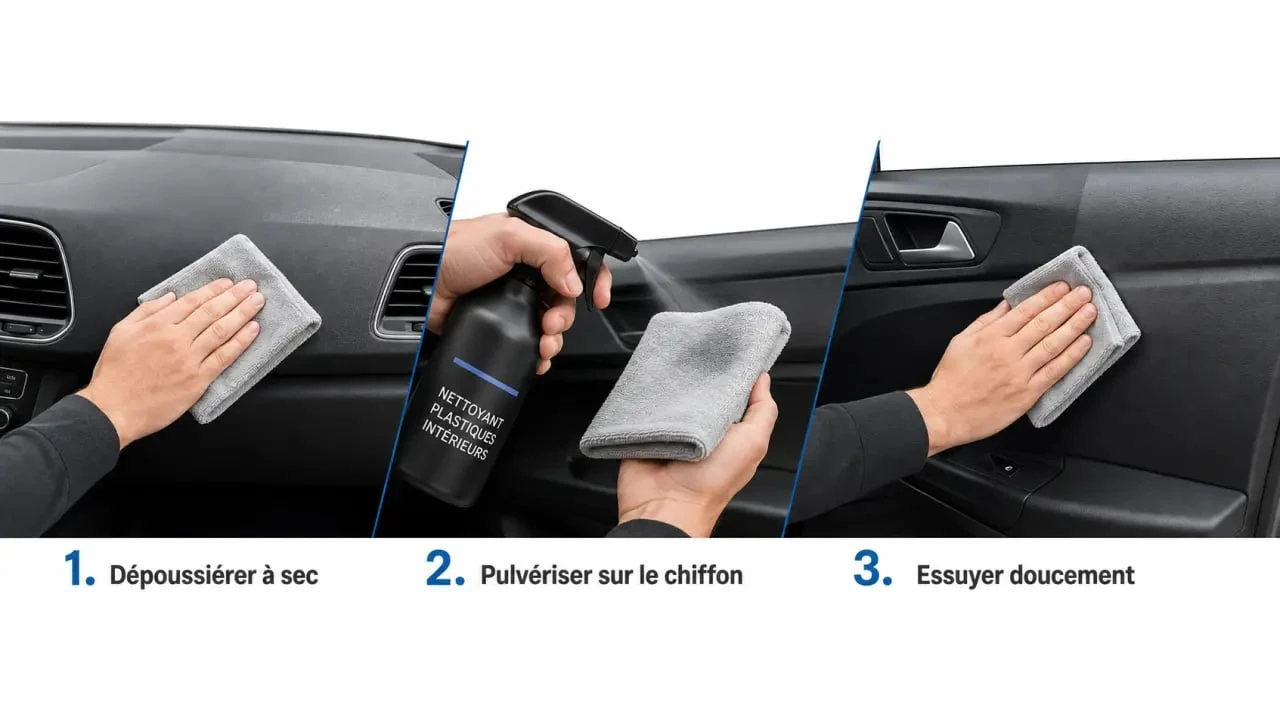 Nettoyage des plastiques interieur voiture avec microfibre et produit sur tableau de bord et portière