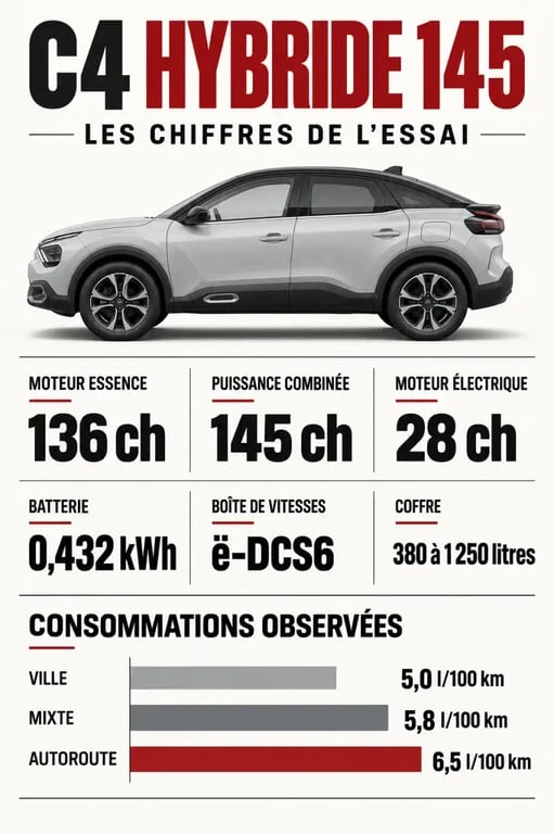 Infographie de l’essai C4 hybride 145 avec puissance, batterie, coffre et consommations