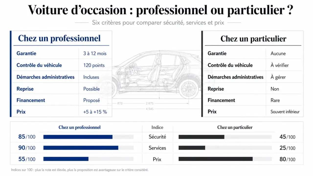 Comparatif achat voiture occasion professionnel et particulier avec garantie, contrôle et démarches