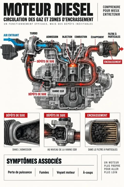 Entretien voiture diesel : schéma des relations entre injection, turbo, vanne EGR et FAP