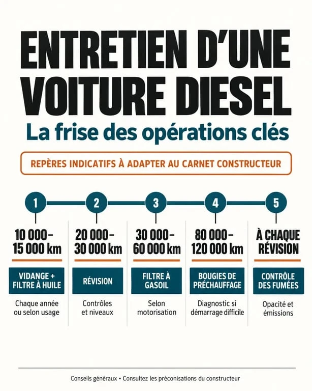 Entretien voiture diesel : repères indicatifs des opérations selon le kilométrage