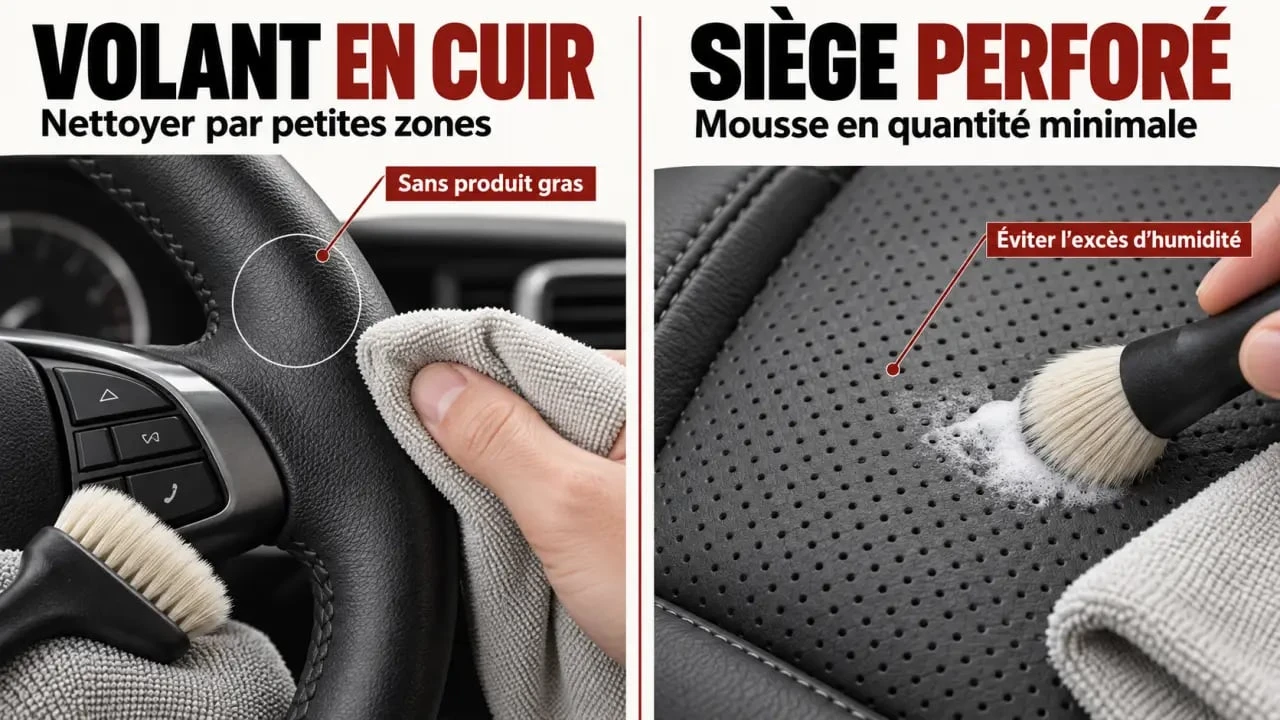 Nettoyer le cuir voiture sur un volant et un siège perforé avec peu de produit