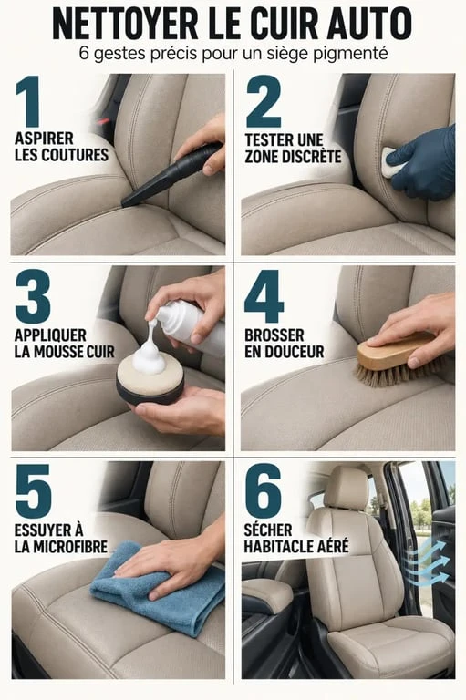 Nettoyer le cuir voiture étape par étape avec aspiration, mousse, brosse douce et microfibre
