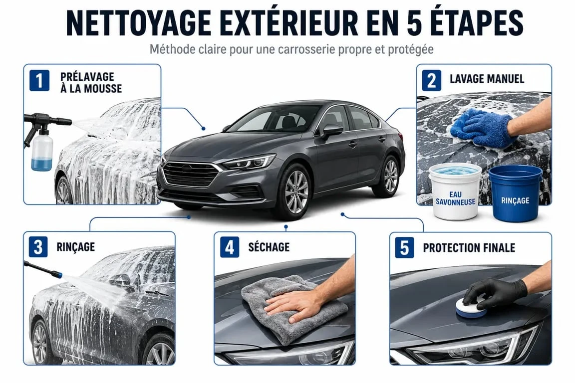 Nettoyage extérieur voiture en 5 étapes avec prélavage, lavage, rinçage, séchage et protection
