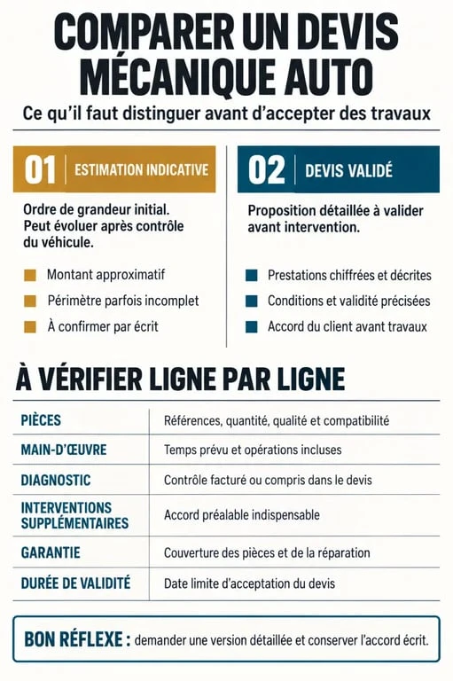 Infographie pour comparer un devis mécanique auto et vérifier les éléments inclus