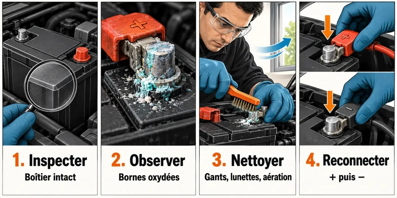 Entretien batterie voiture : inspection et nettoyage sécurisé des cosses