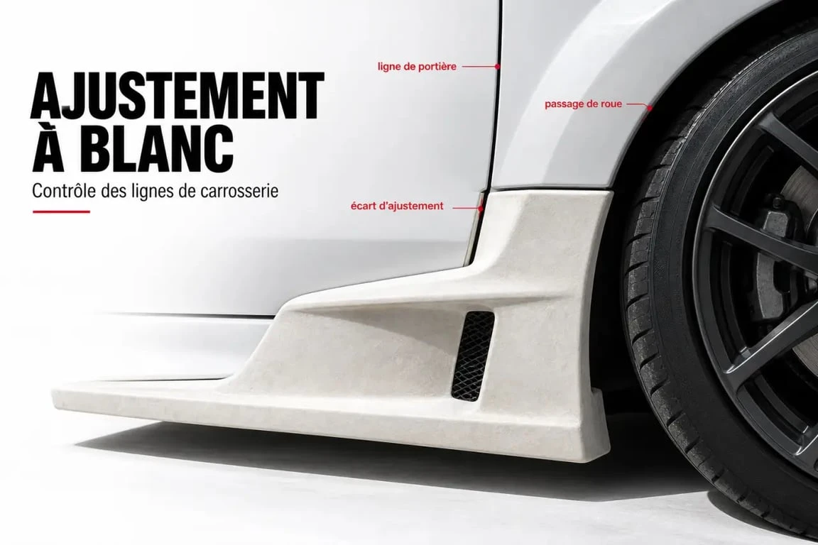 Kit carrosserie pare-choc présenté à blanc pour vérifier l'ajustement avant montage