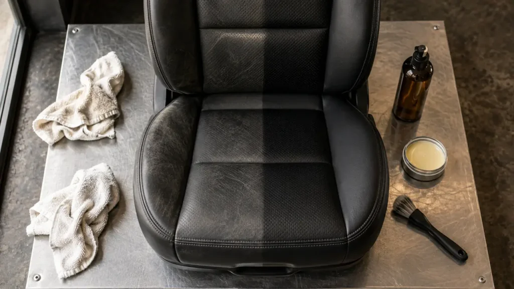 Entretien cuir voiture : siège en cuir noir partiellement nettoyé avant baume, microfibres