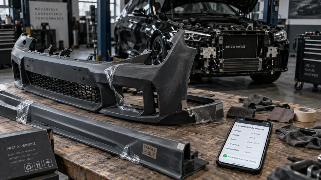 Kit carrosserie livré à peindre en atelier automobile